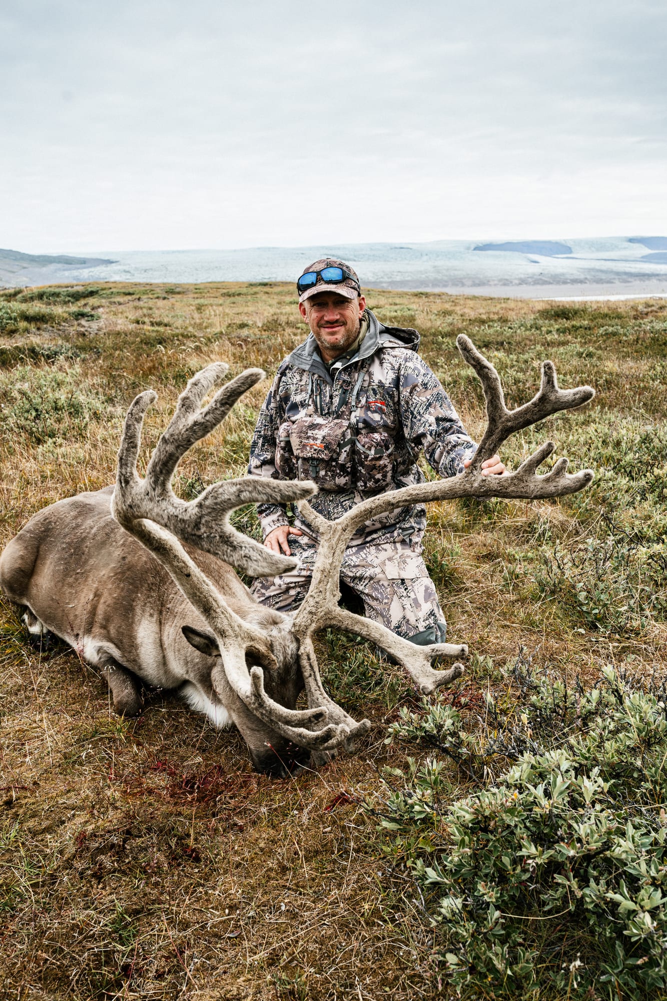 A hunter kneeling behind a caribou bull, the ice sheet behind