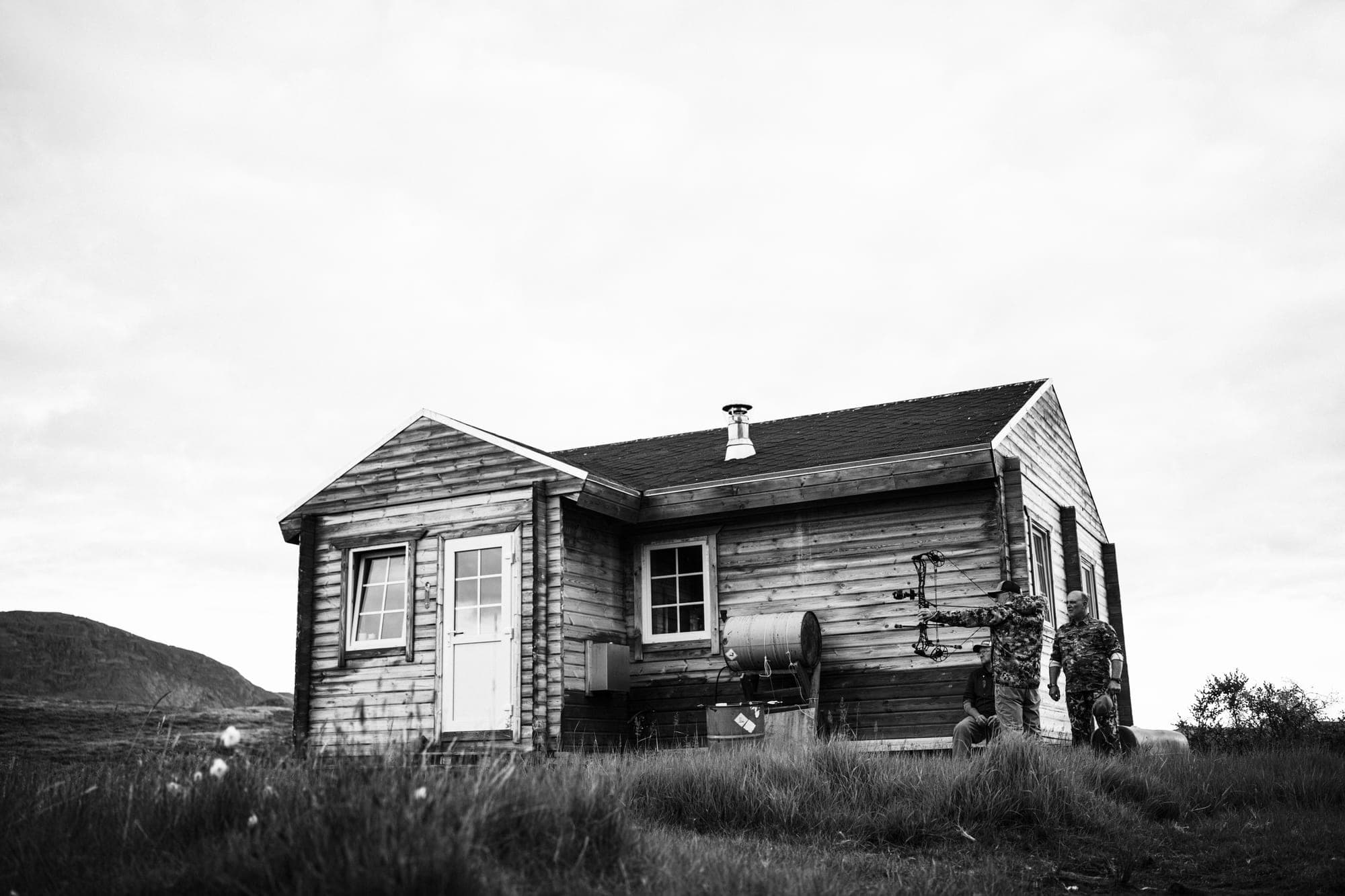 The guest cabin, in black and white